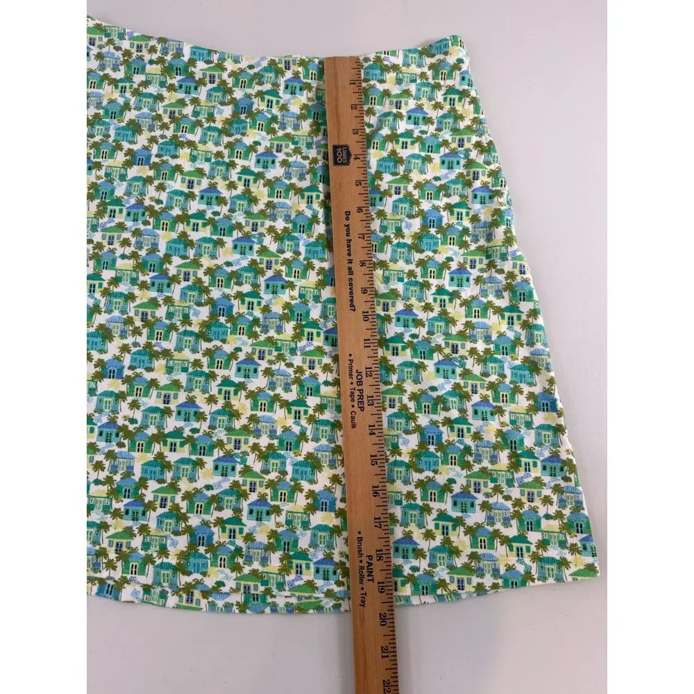 J Jill Pull On Skirt Cotton Modal Tropical Houses Palm Trees Print Women's S